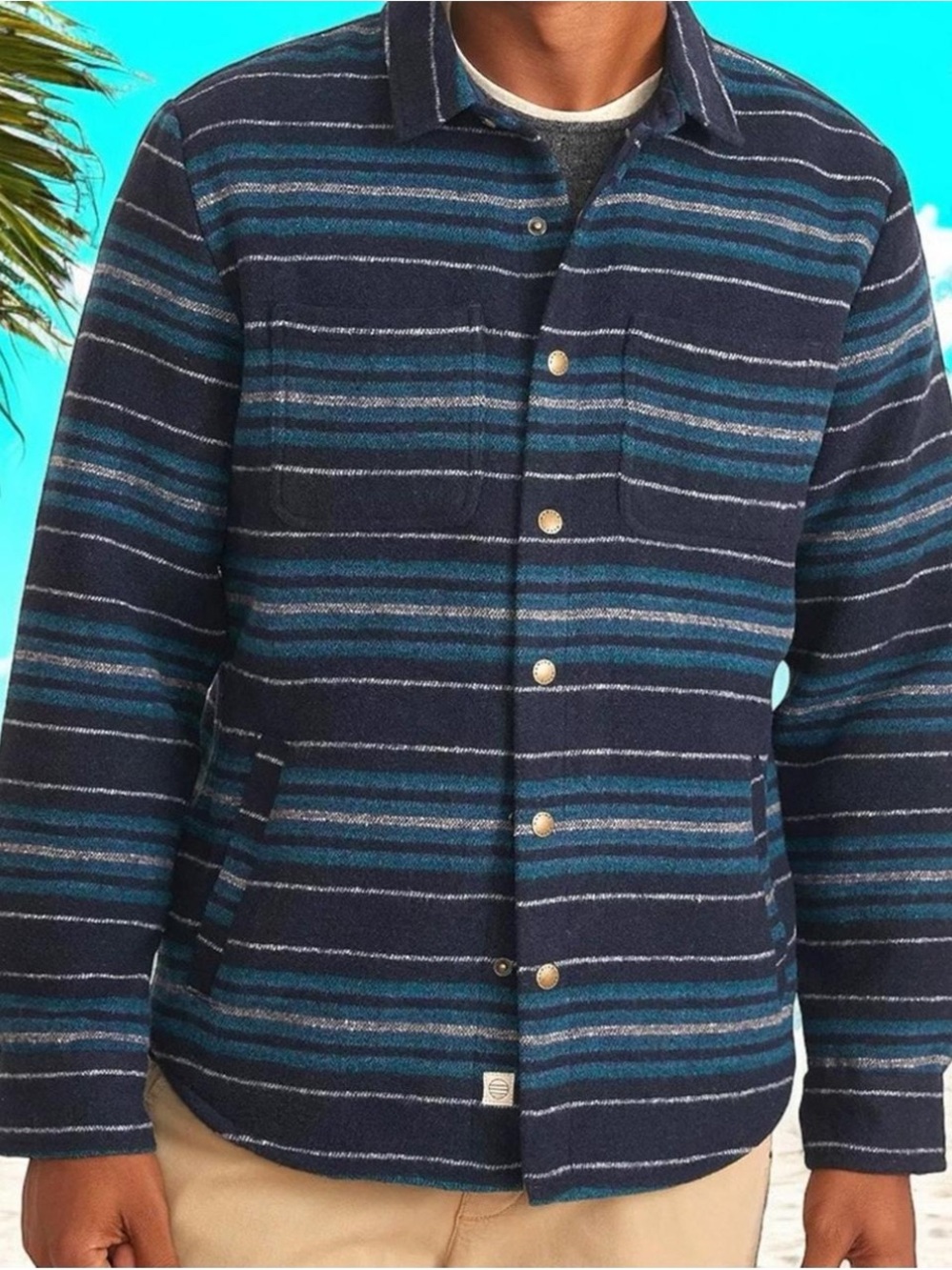 Marine Layer Mens Striped Snap Shacket Jacket Dark Navy Baja Stripe X-Large $168